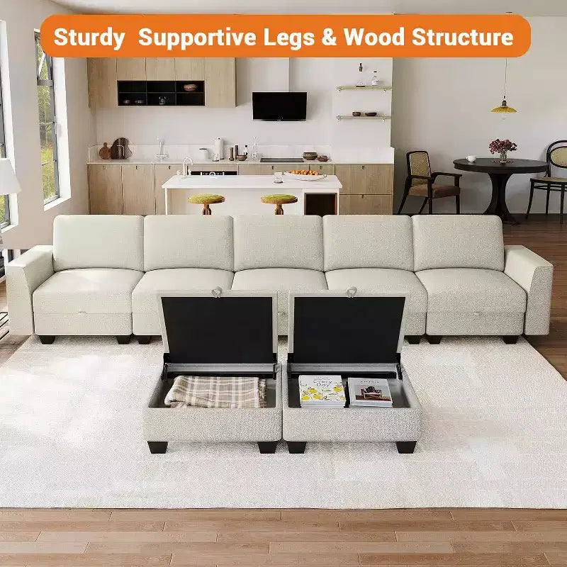 140 Large U Shaped Sectional Couch with Ottoman Chaise, Convertible Modular Sectional Sofa with Ottomans with 7 Seat for Living Room, Office, Beige