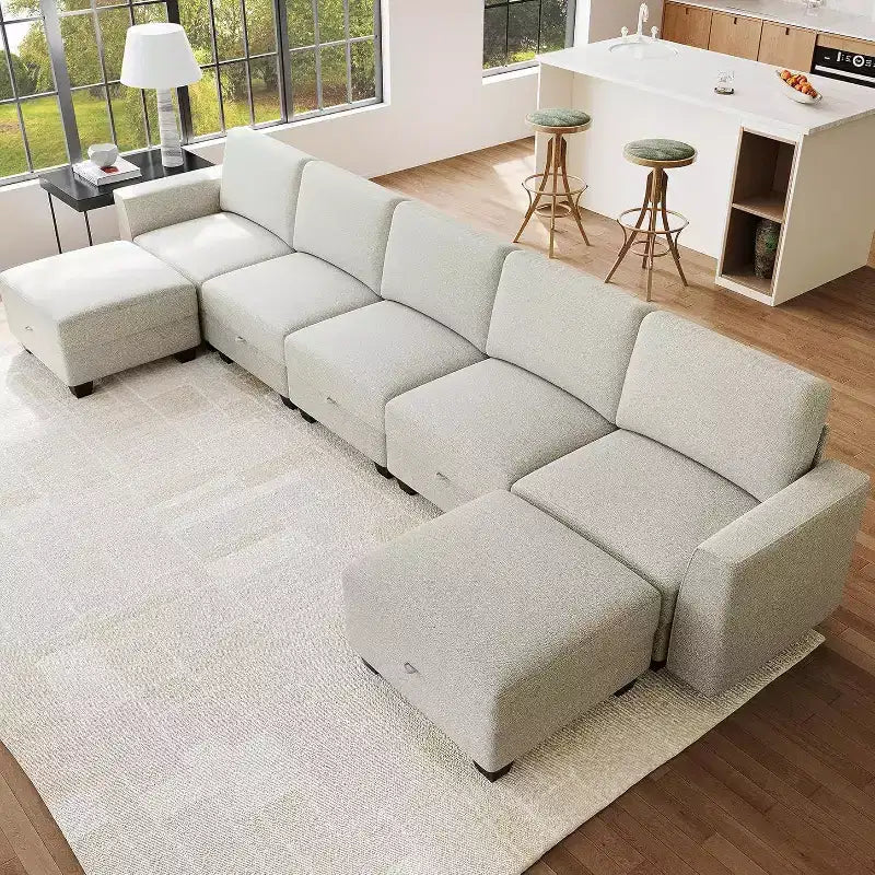 140 Large U Shaped Sectional Couch with Ottoman Chaise, Convertible Modular Sectional Sofa with Ottomans with 7 Seat for Living Room, Office, Beige