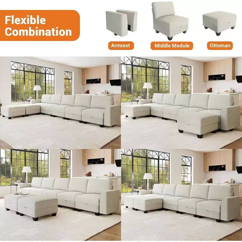 140 Large U Shaped Sectional Couch with Ottoman Chaise, Convertible Modular Sectional Sofa with Ottomans with 7 Seat for Living Room, Office, Beige