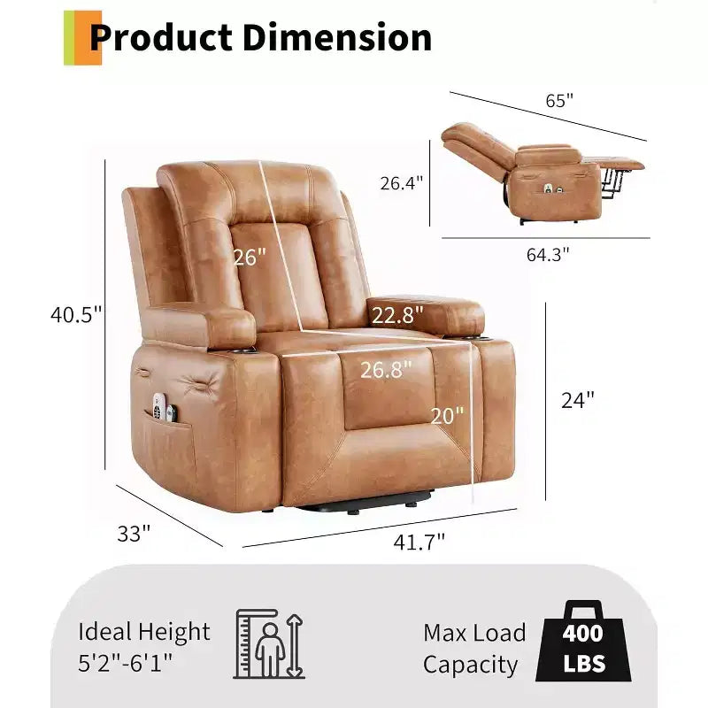 Oversized Power Lift Recliner Chair - Heat and Massage, PU Leather Electric Lift Recliner for Elderly & Mobility Impaired