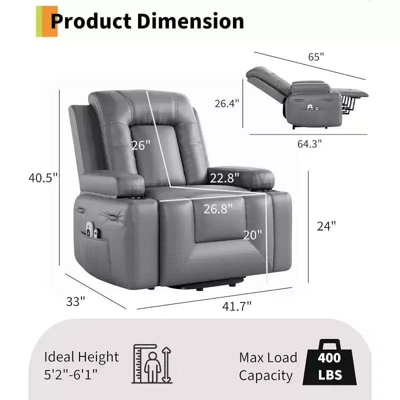 Oversized Power Lift Recliner Chair - Heat and Massage, PU Leather Electric Lift Recliner for Elderly & Mobility Impaired