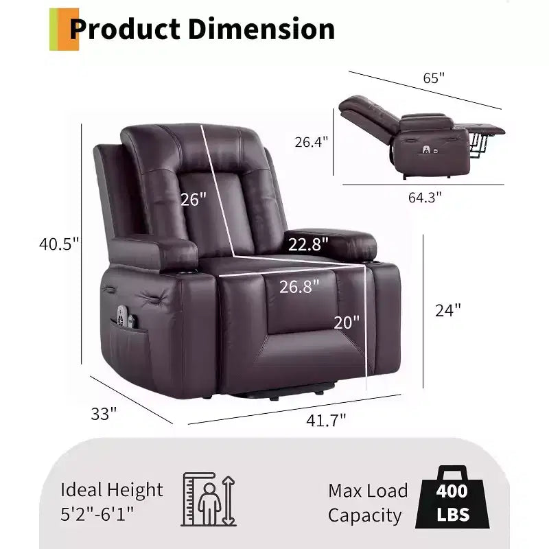 Oversized Power Lift Recliner Chair - Heat and Massage, PU Leather Electric Lift Recliner for Elderly & Mobility Impaired
