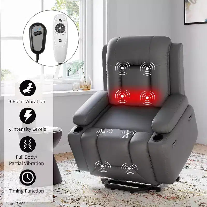 Oversized Power Lift Recliner Chair - Heat and Massage, PU Leather Electric Lift Recliner for Elderly & Mobility Impaired