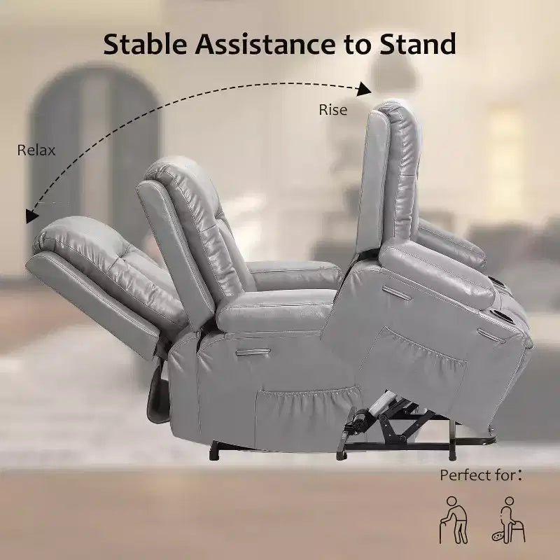 Oversized Power Lift Recliner Chair - Heat and Massage, PU Leather Electric Lift Recliner for Elderly & Mobility Impaired