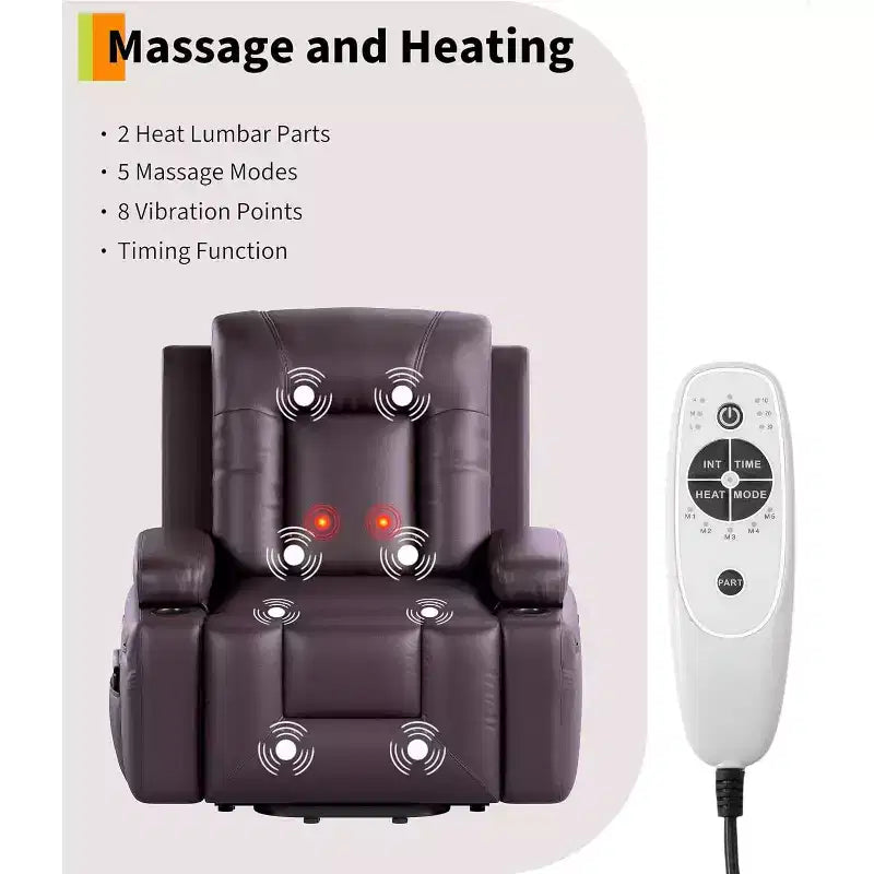 Oversized Power Lift Recliner Chair - Heat and Massage, PU Leather Electric Lift Recliner for Elderly & Mobility Impaired