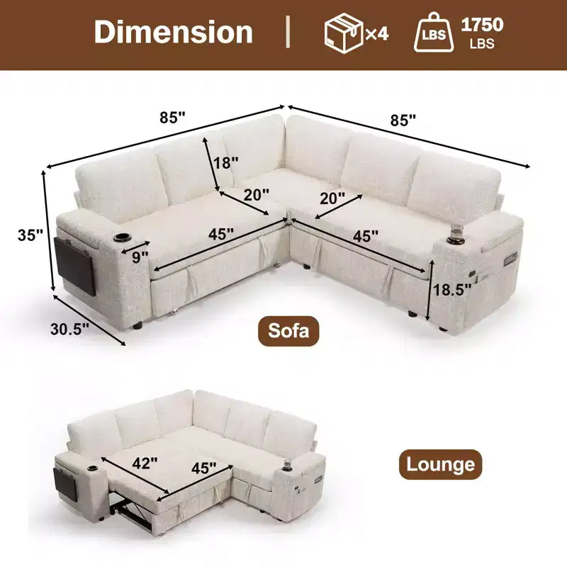 Dyonery Chenille Modular Sectional Couches for Living Room,Comfy Couch with Arm Storage Pull Out Sofa Bed with Cup Holder Tool-free Assembly
