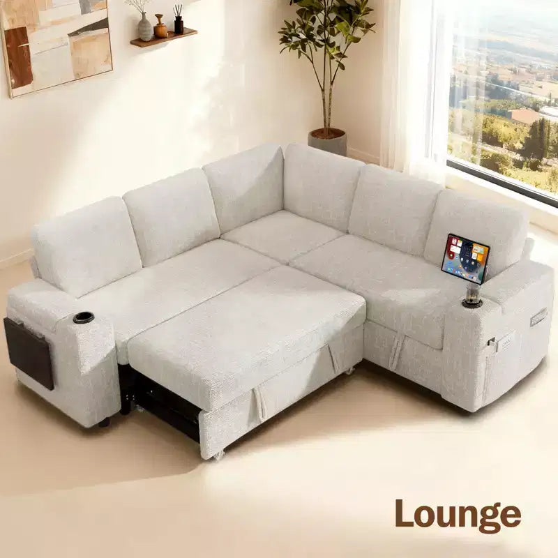 Dyonery Chenille Modular Sectional Couches for Living Room,Comfy Couch with Arm Storage Pull Out Sofa Bed with Cup Holder Tool-free Assembly