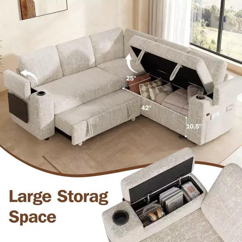Dyonery Chenille Modular Sectional Couches for Living Room,Comfy Couch with Arm Storage Pull Out Sofa Bed with Cup Holder Tool-free Assembly
