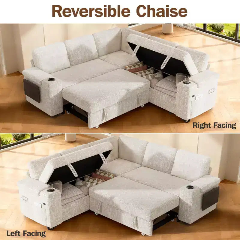 Dyonery Chenille Modular Sectional Couches for Living Room,Comfy Couch with Arm Storage Pull Out Sofa Bed with Cup Holder Tool-free Assembly