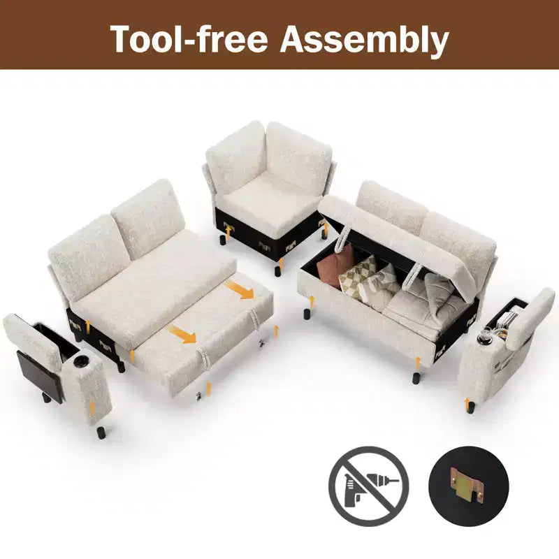 Dyonery Chenille Modular Sectional Couches for Living Room,Comfy Couch with Arm Storage Pull Out Sofa Bed with Cup Holder Tool-free Assembly