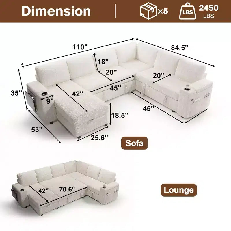 Dyonery Chenille Modular Sectional Couches for Living Room,Comfy Couch with Arm Storage Pull Out Sofa Bed with Cup Holder Tool-free Assembly