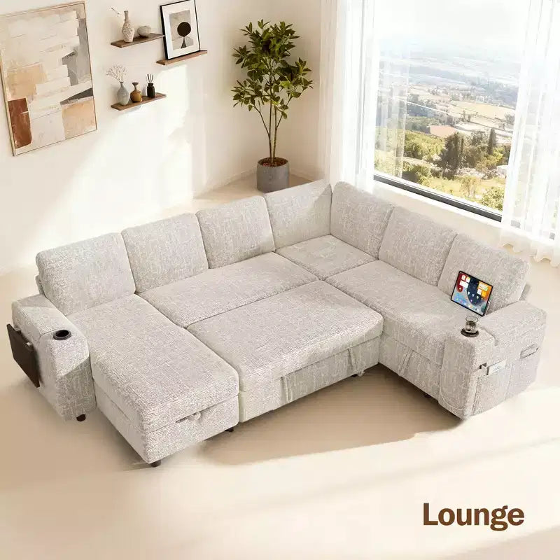 Dyonery Chenille Modular Sectional Couches for Living Room,Comfy Couch with Arm Storage Pull Out Sofa Bed with Cup Holder Tool-free Assembly
