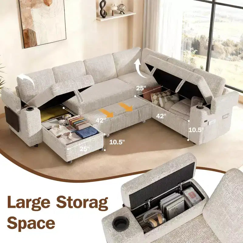 Dyonery Chenille Modular Sectional Couches for Living Room,Comfy Couch with Arm Storage Pull Out Sofa Bed with Cup Holder Tool-free Assembly