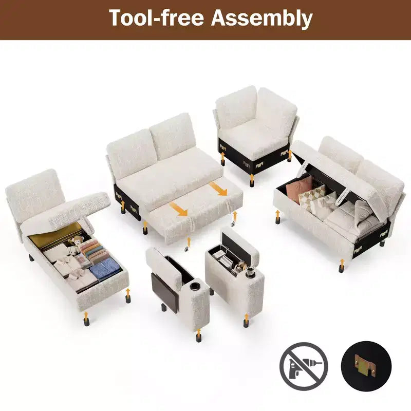 Dyonery Chenille Modular Sectional Couches for Living Room,Comfy Couch with Arm Storage Pull Out Sofa Bed with Cup Holder Tool-free Assembly