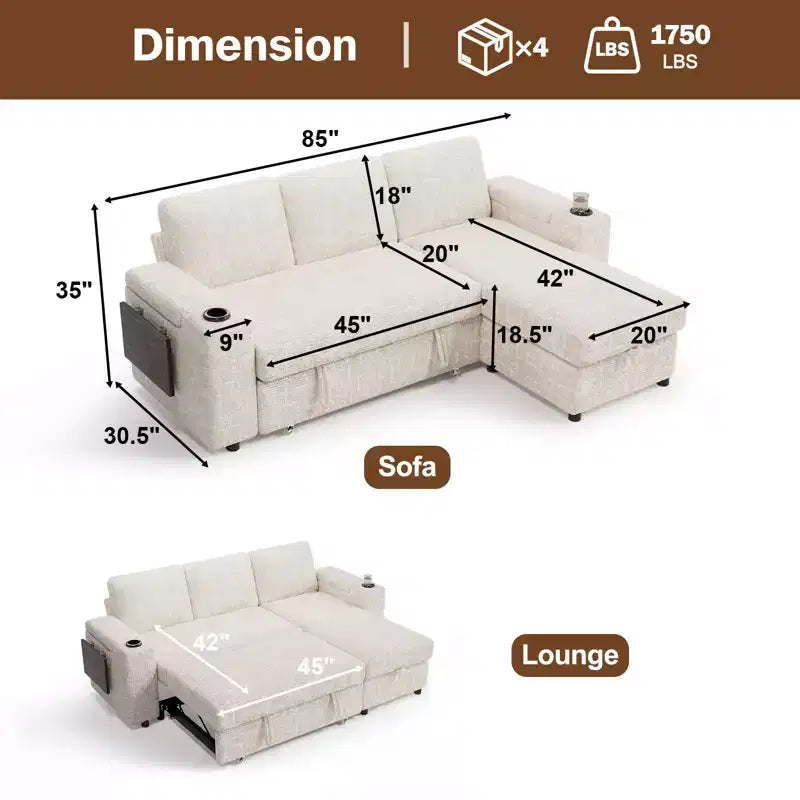 Dyonery Chenille Modular Sectional Couches for Living Room,Comfy Couch with Arm Storage Pull Out Sofa Bed with Cup Holder Tool-free Assembly