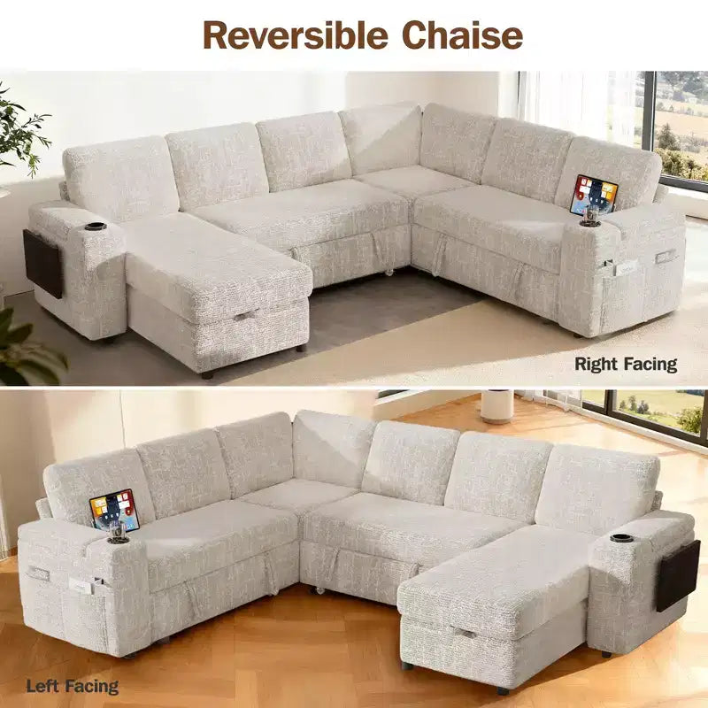 Dyonery Chenille Modular Sectional Couches for Living Room,Comfy Couch with Arm Storage Pull Out Sofa Bed with Cup Holder Tool-free Assembly