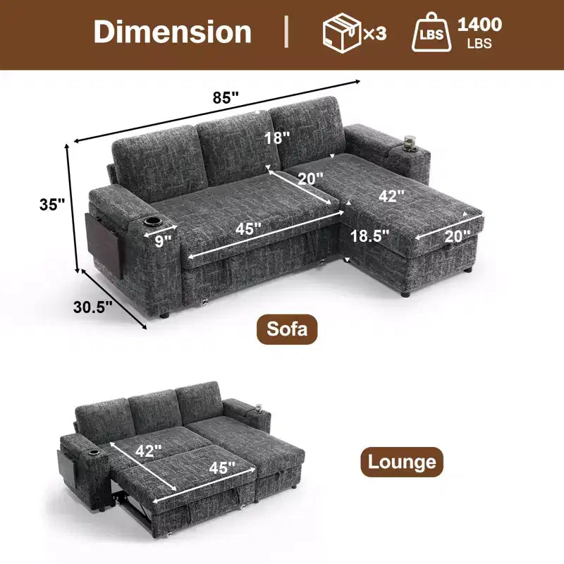 Dyonery Chenille Modular Sectional Couches for Living Room,Comfy Couch with Arm Storage Pull Out Sofa Bed with Cup Holder Tool-free Assembly
