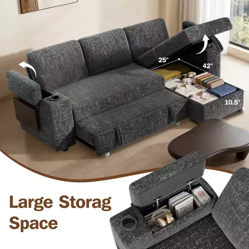 Dyonery Chenille Modular Sectional Couches for Living Room,Comfy Couch with Arm Storage Pull Out Sofa Bed with Cup Holder Tool-free Assembly