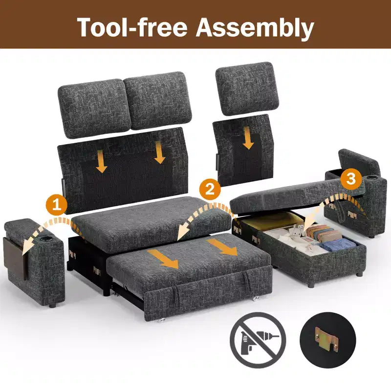 Dyonery Chenille Modular Sectional Couches for Living Room,Comfy Couch with Arm Storage Pull Out Sofa Bed with Cup Holder Tool-free Assembly