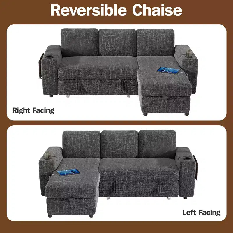 Dyonery Chenille Modular Sectional Couches for Living Room,Comfy Couch with Arm Storage Pull Out Sofa Bed with Cup Holder Tool-free Assembly