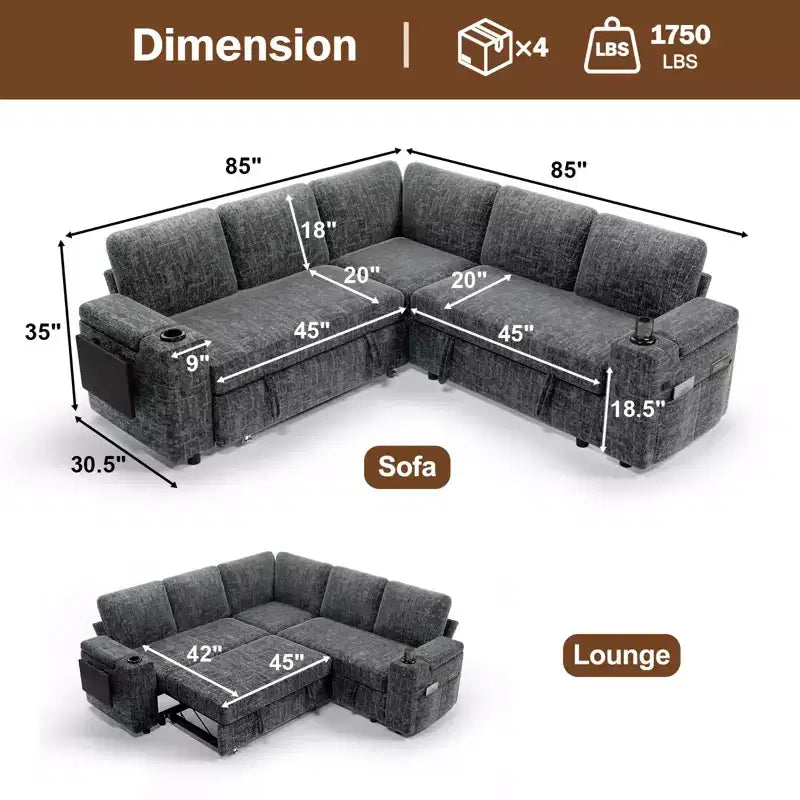 Dyonery Chenille Modular Sectional Couches for Living Room,Comfy Couch with Arm Storage Pull Out Sofa Bed with Cup Holder Tool-free Assembly