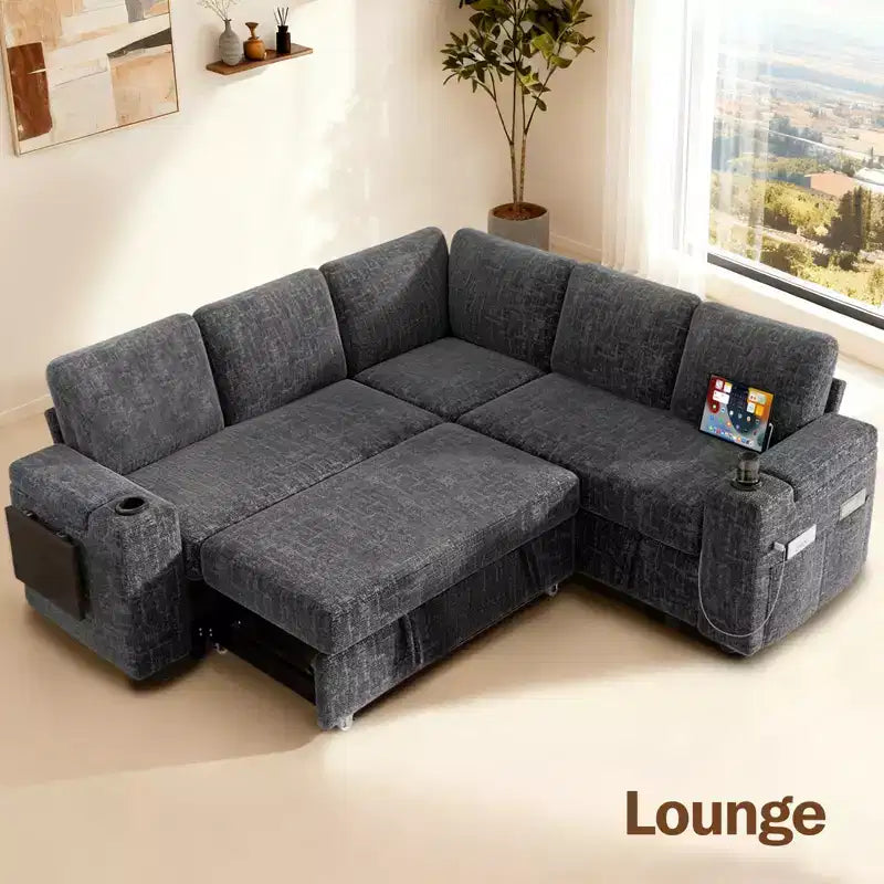 Dyonery Chenille Modular Sectional Couches for Living Room,Comfy Couch with Arm Storage Pull Out Sofa Bed with Cup Holder Tool-free Assembly