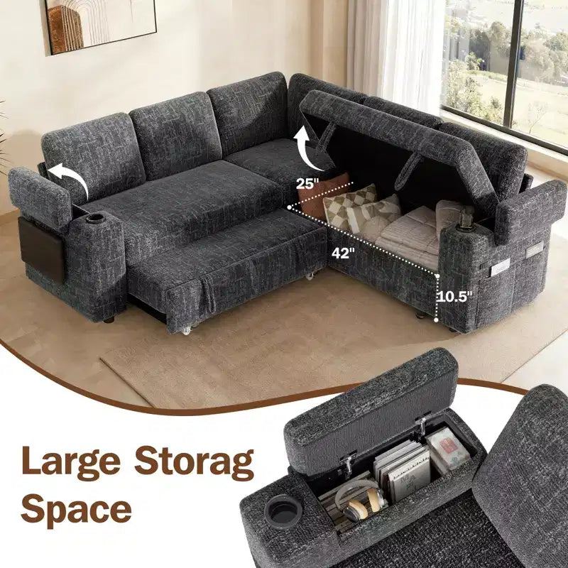Dyonery Chenille Modular Sectional Couches for Living Room,Comfy Couch with Arm Storage Pull Out Sofa Bed with Cup Holder Tool-free Assembly
