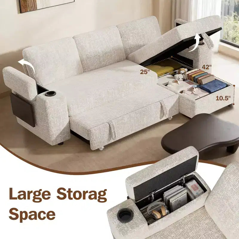 Dyonery Chenille Modular Sectional Couches for Living Room,Comfy Couch with Arm Storage Pull Out Sofa Bed with Cup Holder Tool-free Assembly
