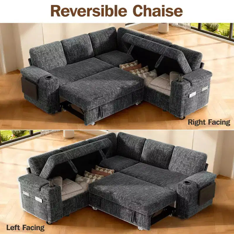 Dyonery Chenille Modular Sectional Couches for Living Room,Comfy Couch with Arm Storage Pull Out Sofa Bed with Cup Holder Tool-free Assembly