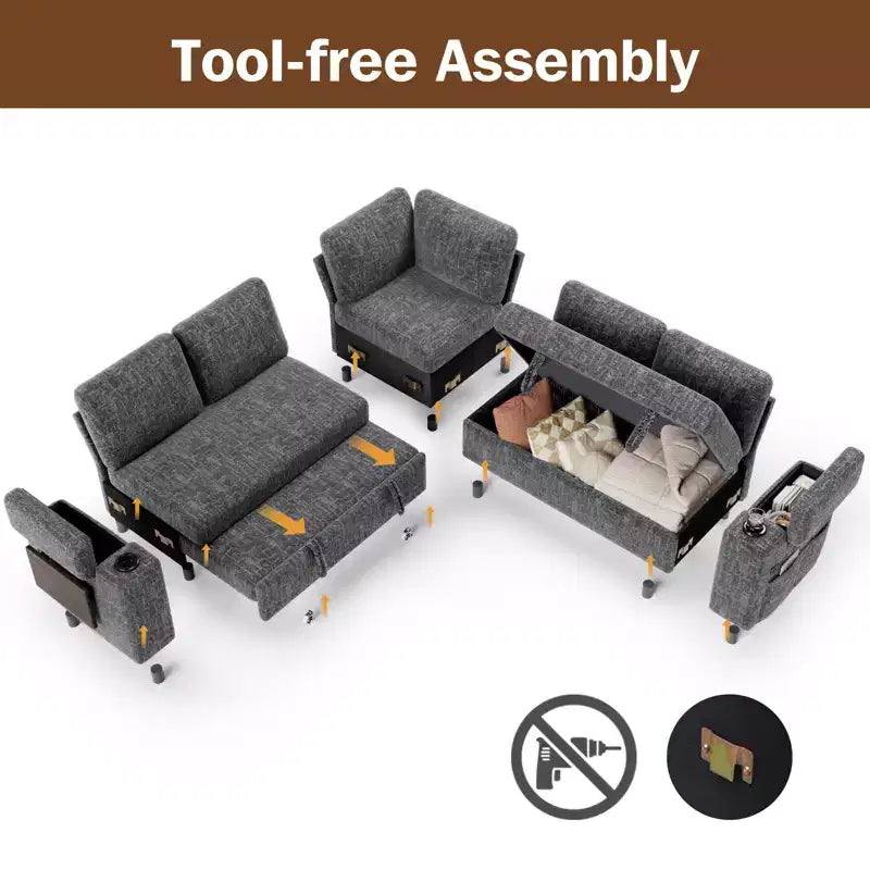 Dyonery Chenille Modular Sectional Couches for Living Room,Comfy Couch with Arm Storage Pull Out Sofa Bed with Cup Holder Tool-free Assembly