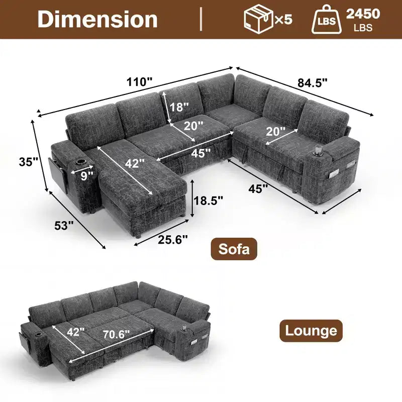 Dyonery Chenille Modular Sectional Couches for Living Room,Comfy Couch with Arm Storage Pull Out Sofa Bed with Cup Holder Tool-free Assembly