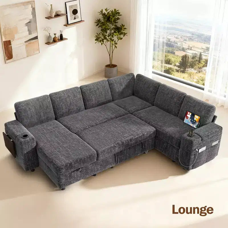 Dyonery Chenille Modular Sectional Couches for Living Room,Comfy Couch with Arm Storage Pull Out Sofa Bed with Cup Holder Tool-free Assembly
