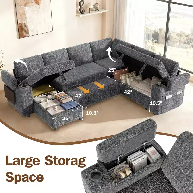 Dyonery Chenille Modular Sectional Couches for Living Room,Comfy Couch with Arm Storage Pull Out Sofa Bed with Cup Holder Tool-free Assembly
