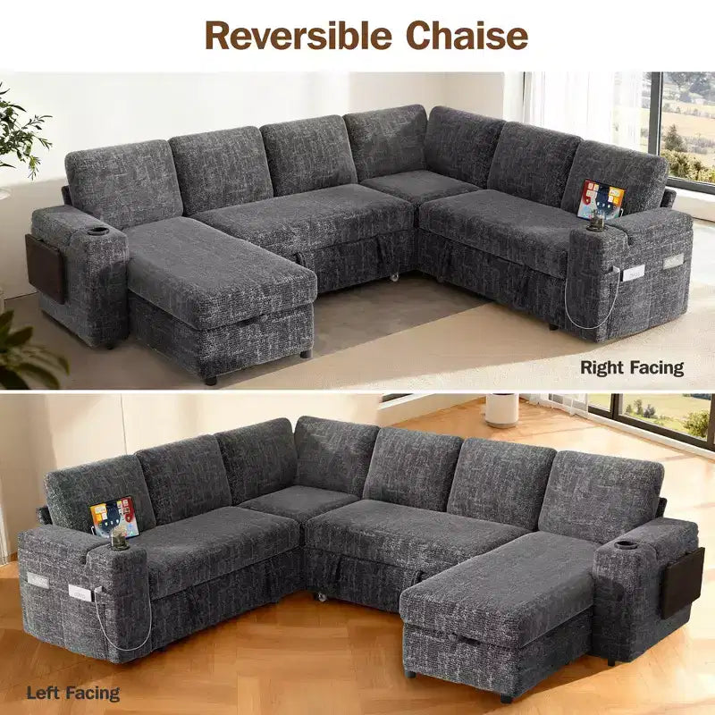 Dyonery Chenille Modular Sectional Couches for Living Room,Comfy Couch with Arm Storage Pull Out Sofa Bed with Cup Holder Tool-free Assembly