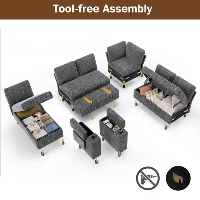 Dyonery Chenille Modular Sectional Couches for Living Room,Comfy Couch with Arm Storage Pull Out Sofa Bed with Cup Holder Tool-free Assembly