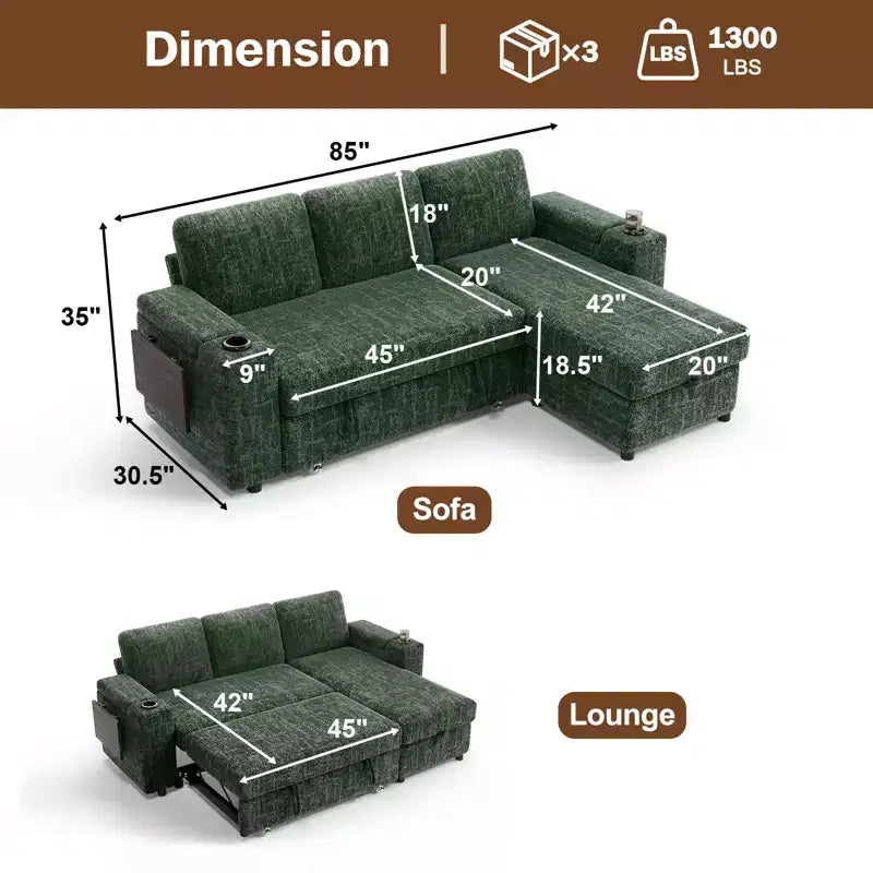 Dyonery Chenille Modular Sectional Couches for Living Room,Comfy Couch with Arm Storage Pull Out Sofa Bed with Cup Holder Tool-free Assembly