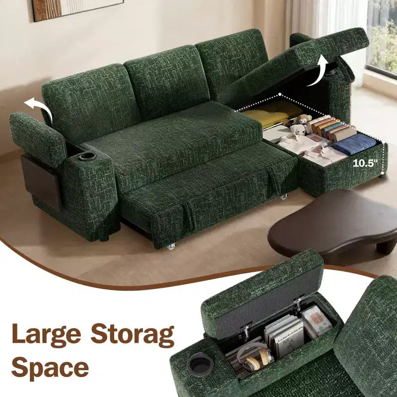 Dyonery Chenille Modular Sectional Couches for Living Room,Comfy Couch with Arm Storage Pull Out Sofa Bed with Cup Holder Tool-free Assembly