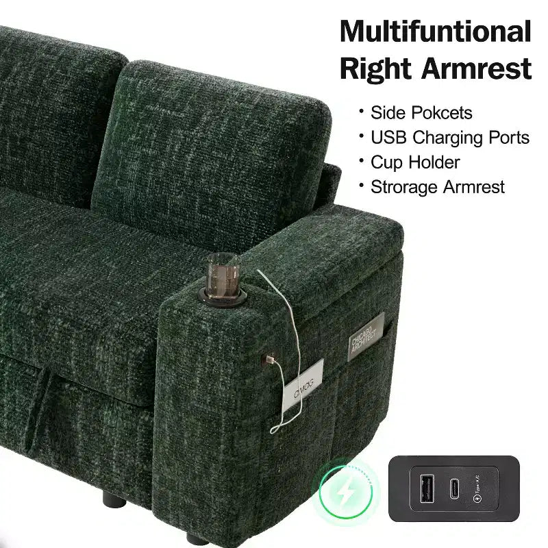 Dyonery Chenille Modular Sectional Couches for Living Room,Comfy Couch with Arm Storage Pull Out Sofa Bed with Cup Holder Tool-free Assembly