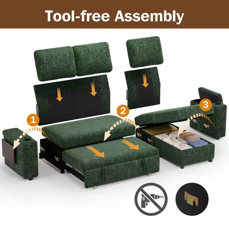 Dyonery Chenille Modular Sectional Couches for Living Room,Comfy Couch with Arm Storage Pull Out Sofa Bed with Cup Holder Tool-free Assembly