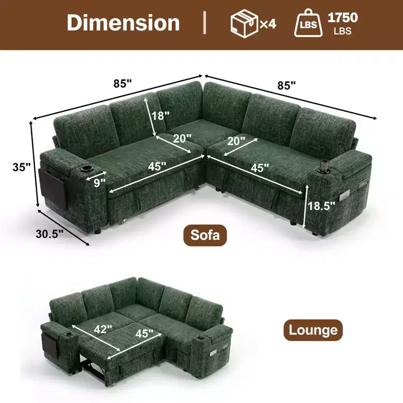 Dyonery Chenille Modular Sectional Couches for Living Room,Comfy Couch with Arm Storage Pull Out Sofa Bed with Cup Holder Tool-free Assembly