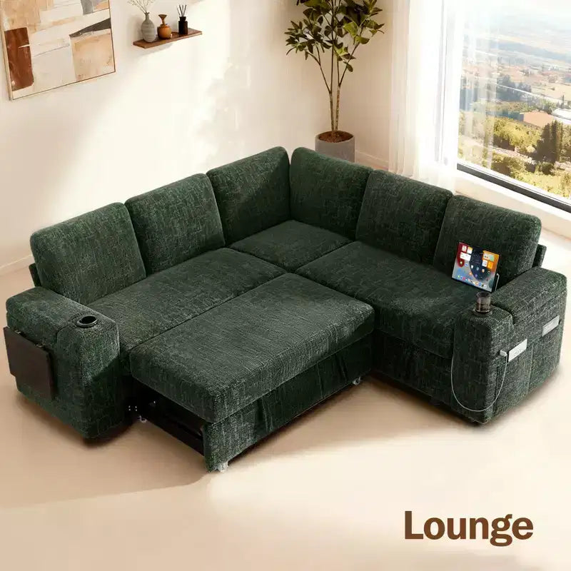 Dyonery Chenille Modular Sectional Couches for Living Room,Comfy Couch with Arm Storage Pull Out Sofa Bed with Cup Holder Tool-free Assembly