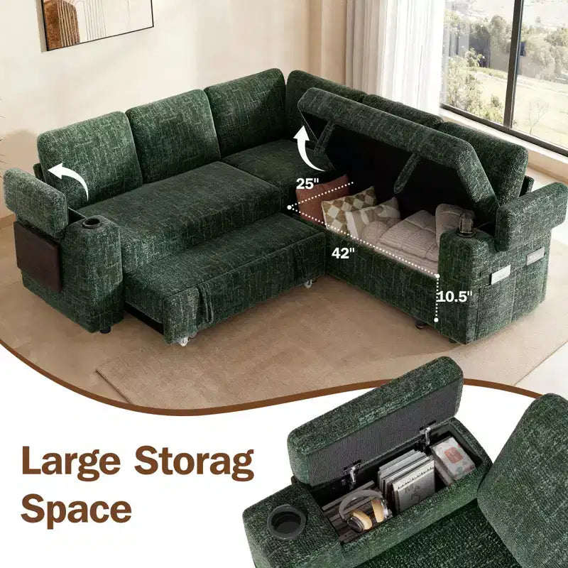 Dyonery Chenille Modular Sectional Couches for Living Room,Comfy Couch with Arm Storage Pull Out Sofa Bed with Cup Holder Tool-free Assembly