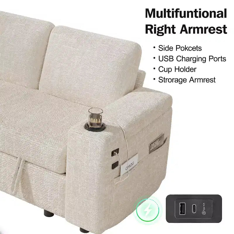Dyonery Chenille Modular Sectional Couches for Living Room,Comfy Couch with Arm Storage Pull Out Sofa Bed with Cup Holder Tool-free Assembly