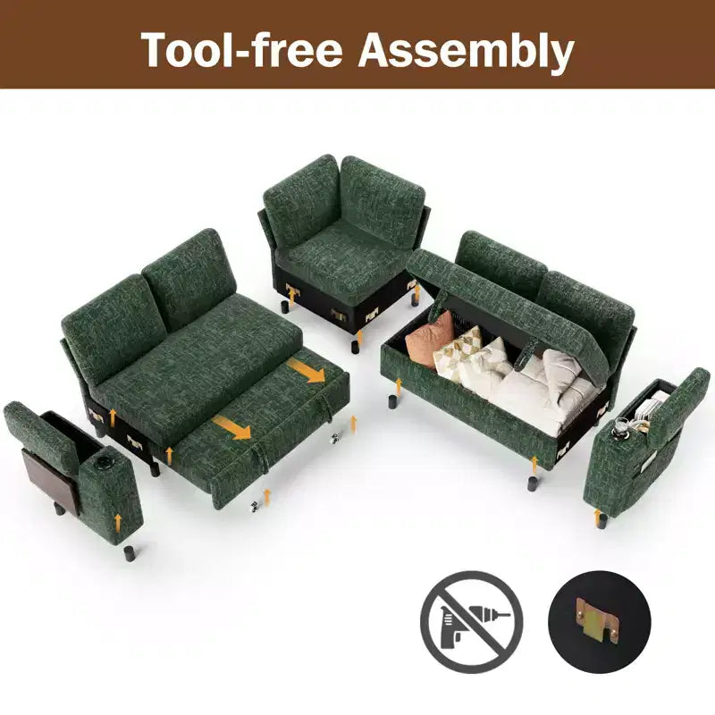 Dyonery Chenille Modular Sectional Couches for Living Room,Comfy Couch with Arm Storage Pull Out Sofa Bed with Cup Holder Tool-free Assembly