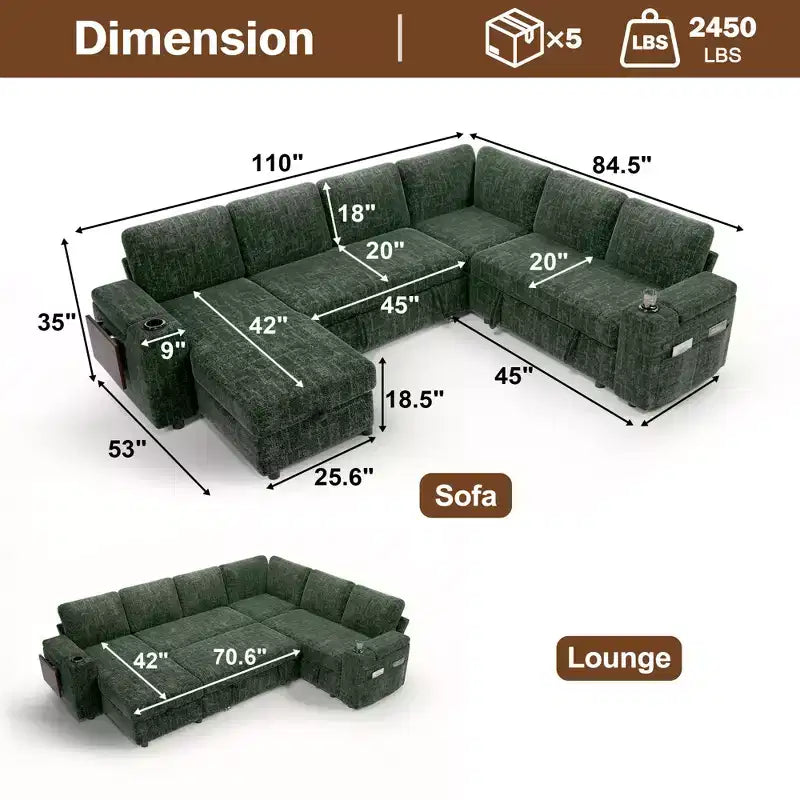 Dyonery Chenille Modular Sectional Couches for Living Room,Comfy Couch with Arm Storage Pull Out Sofa Bed with Cup Holder Tool-free Assembly