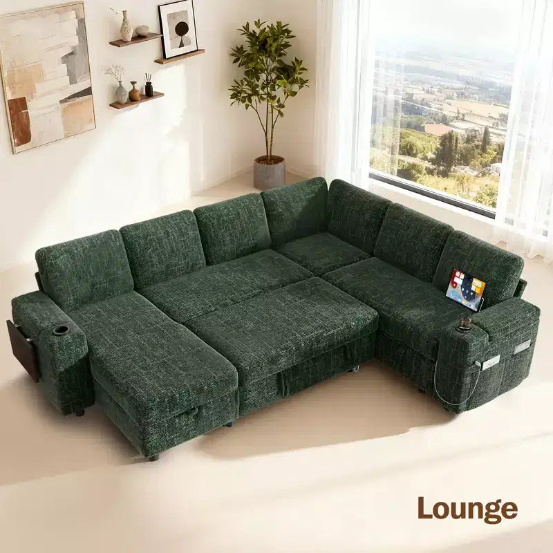 Dyonery Chenille Modular Sectional Couches for Living Room,Comfy Couch with Arm Storage Pull Out Sofa Bed with Cup Holder Tool-free Assembly