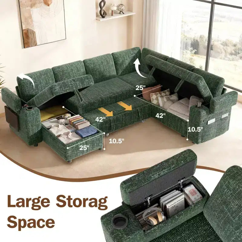 Dyonery Chenille Modular Sectional Couches for Living Room,Comfy Couch with Arm Storage Pull Out Sofa Bed with Cup Holder Tool-free Assembly