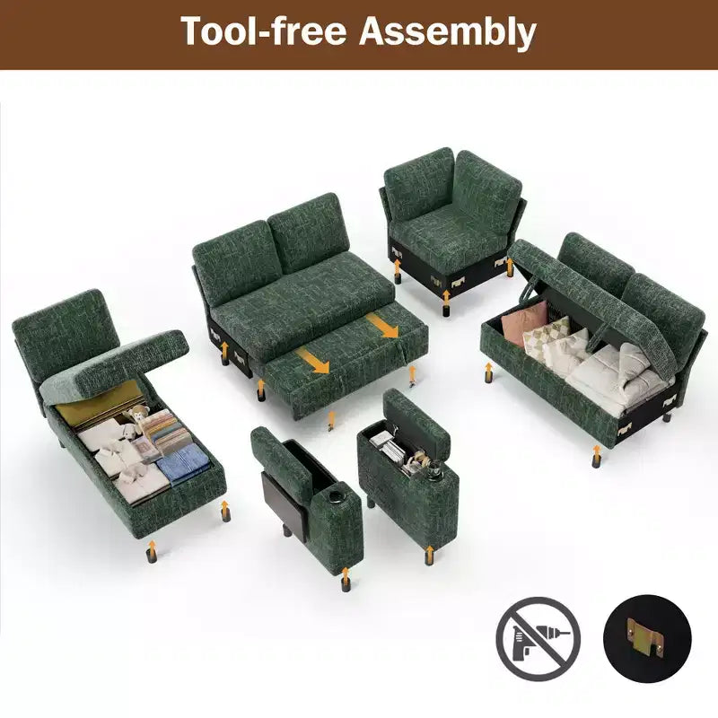 Dyonery Chenille Modular Sectional Couches for Living Room,Comfy Couch with Arm Storage Pull Out Sofa Bed with Cup Holder Tool-free Assembly