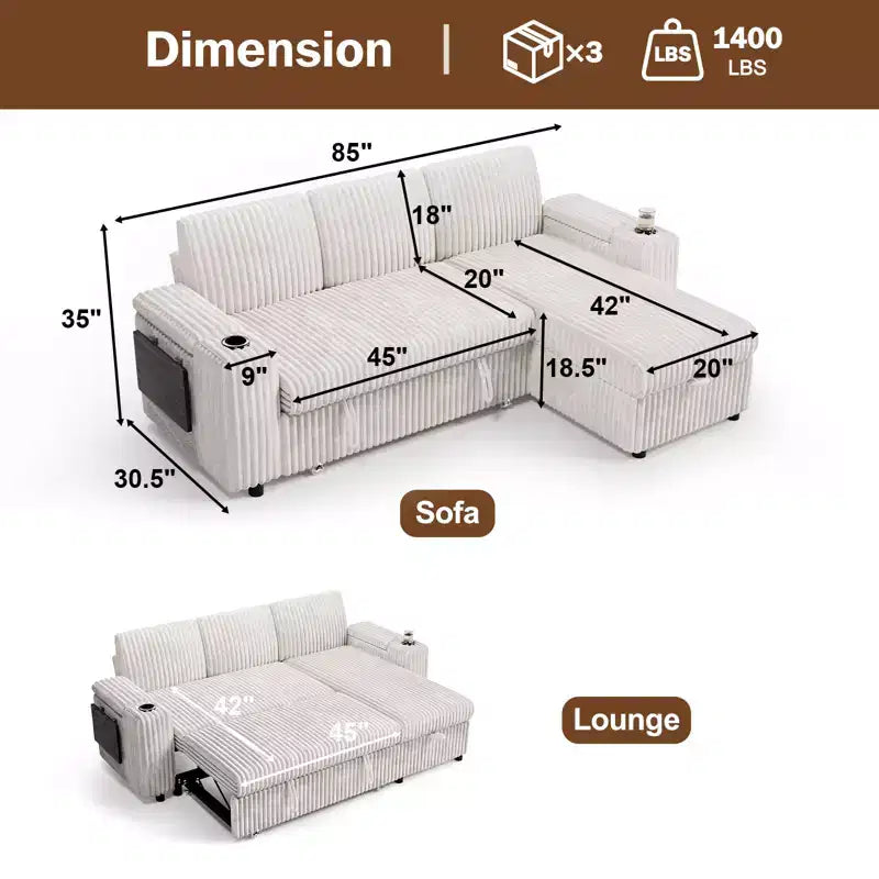 Dyonery Chenille Modular Sectional Couches for Living Room,Comfy Couch with Arm Storage Pull Out Sofa Bed with Cup Holder Tool-free Assembly