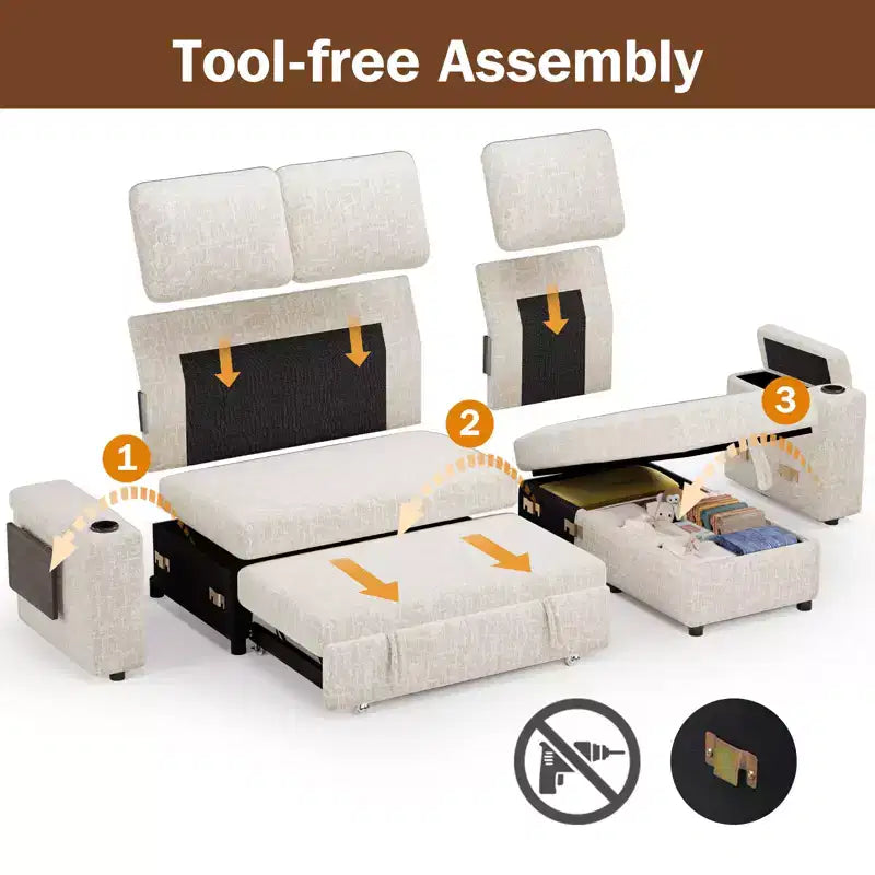 Dyonery Chenille Modular Sectional Couches for Living Room,Comfy Couch with Arm Storage Pull Out Sofa Bed with Cup Holder Tool-free Assembly